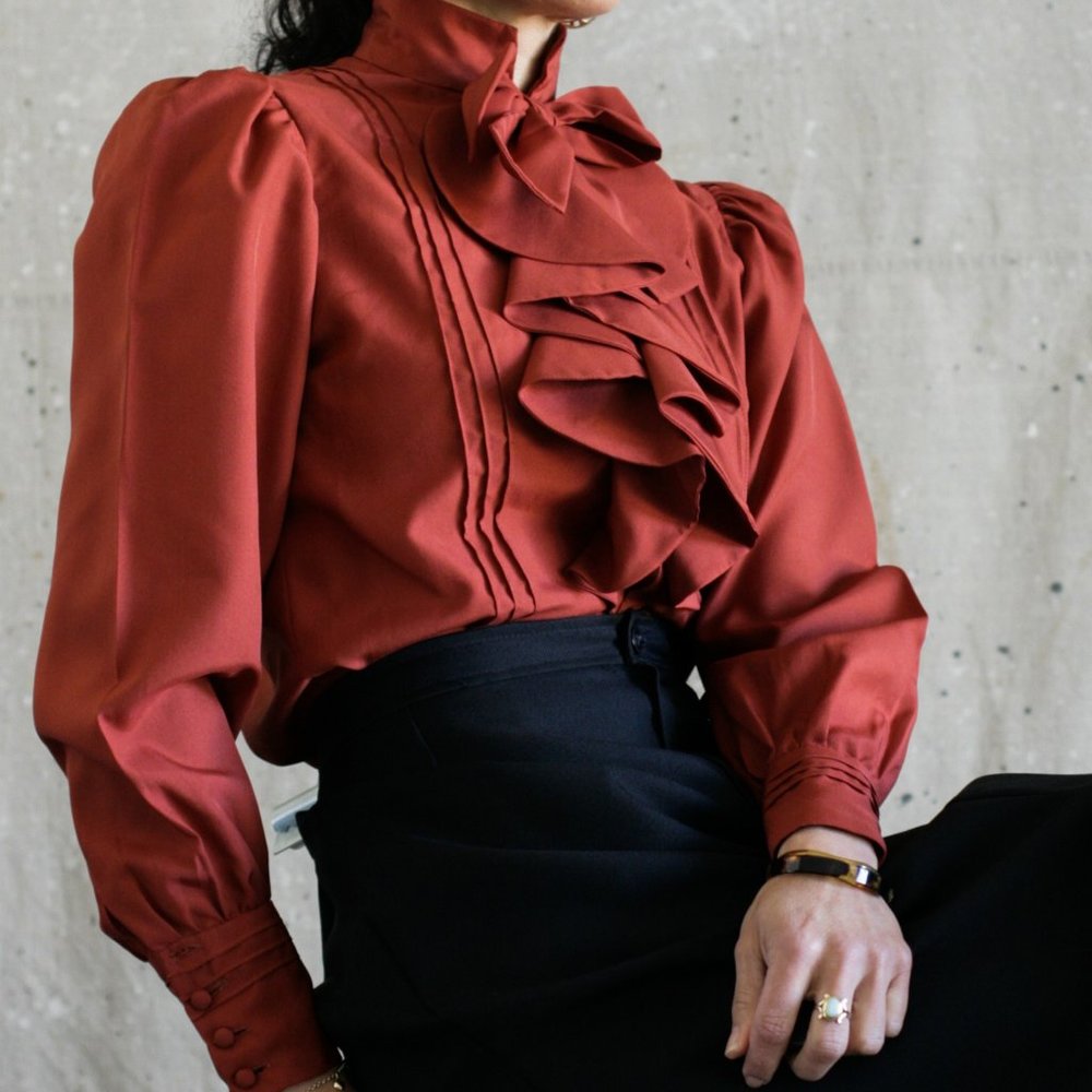 70's Rust Bow Ruffled Secretary Blouse/Pintuck/Button Up/Handmade